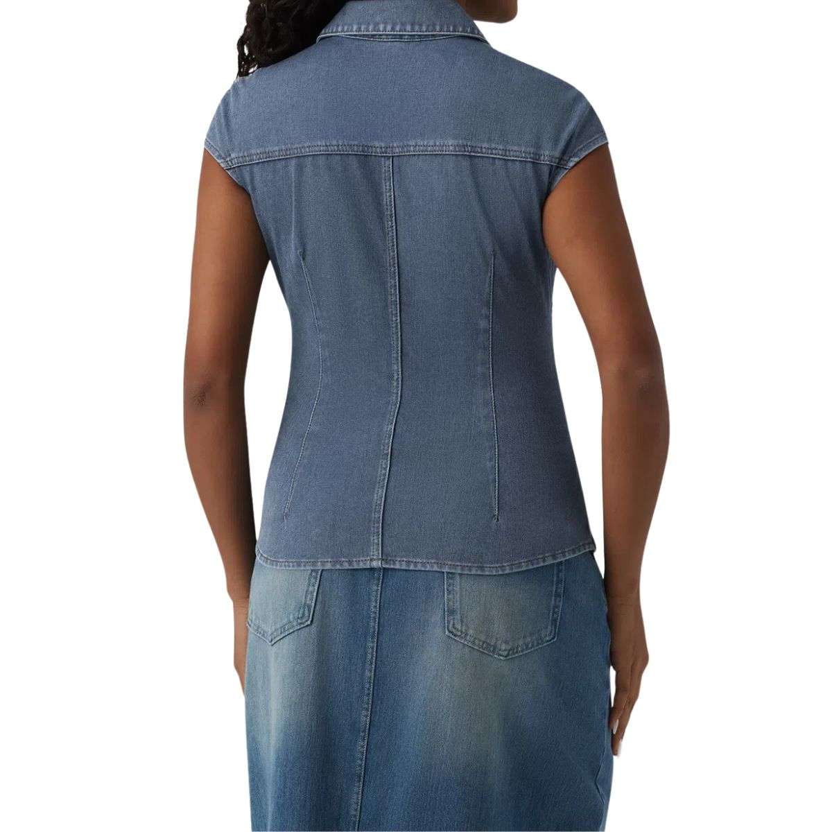 V-Neck Sleeveless Ruched Waist Denim Shirt