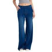 High Waist Vintage Knit Denim Wide Leg Casual Jeans with Pockets