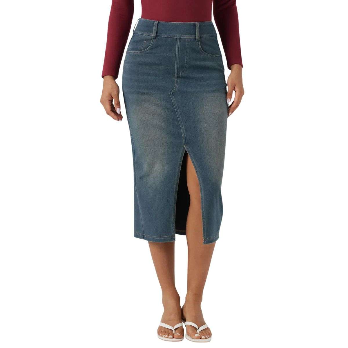High Waisted Stretch Denim Midi Skirt