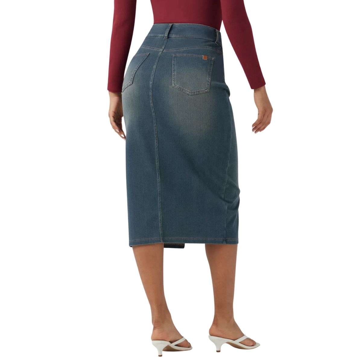 High Waisted Stretch Denim Midi Skirt