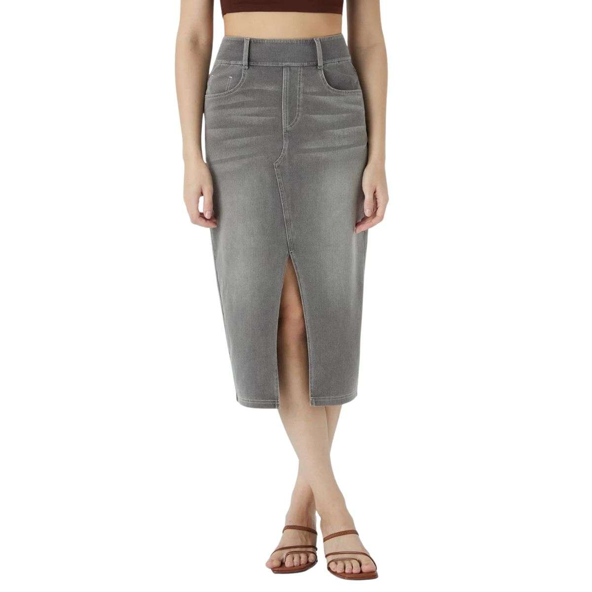 High Waisted Stretch Denim Midi Skirt