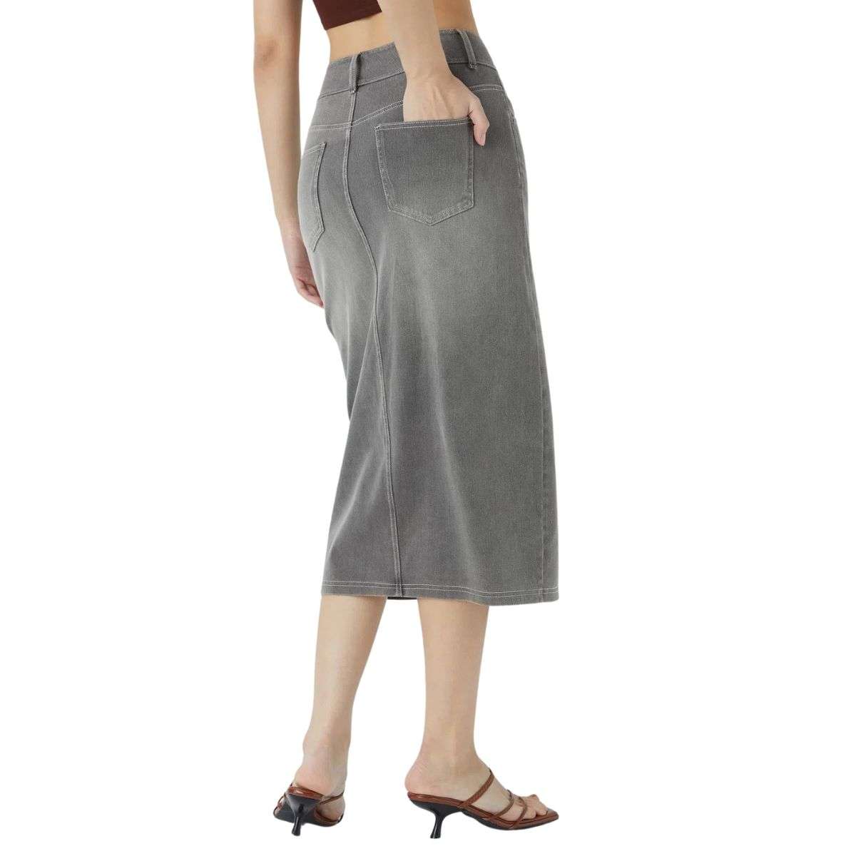 High Waisted Stretch Denim Midi Skirt