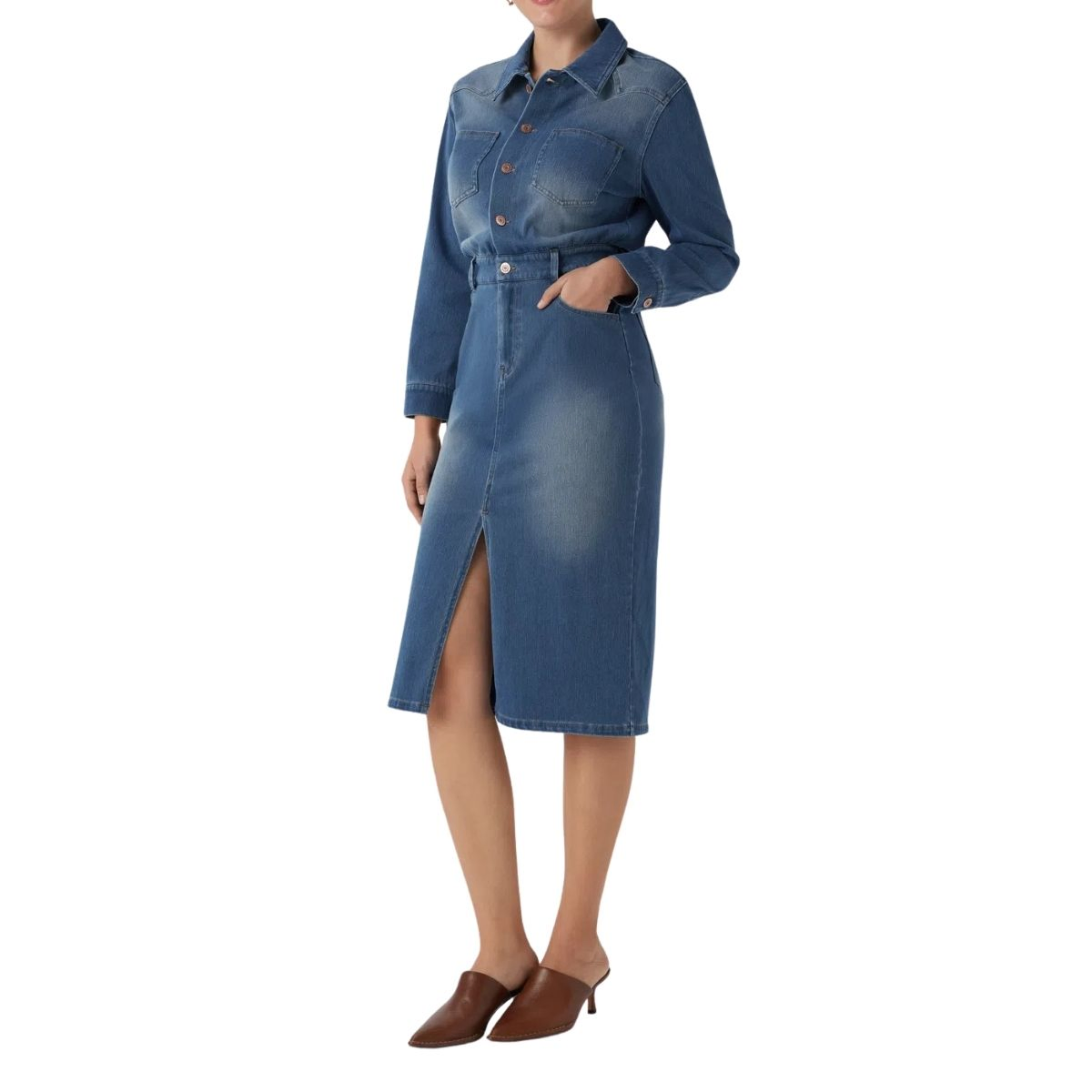Long Sleeve Denim Midi Shirt Dress