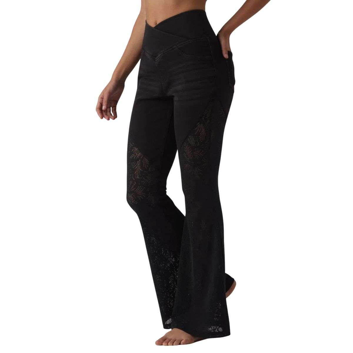 High Waisted Crossover Contrast Lace Flare Jeans