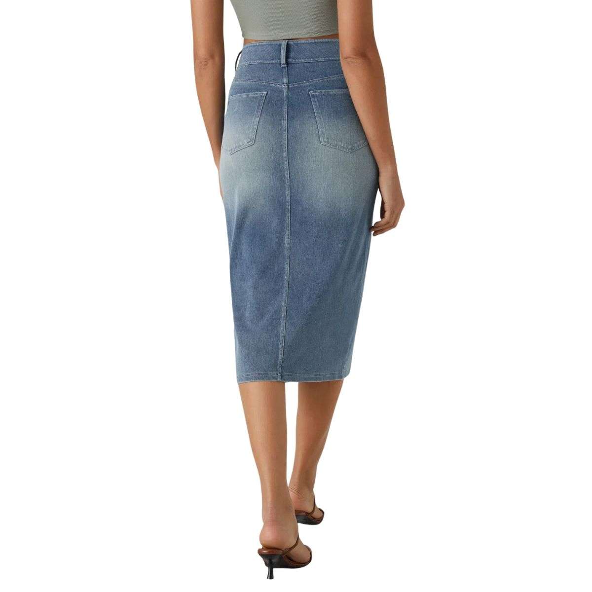 High Waisted Stretch Denim Midi Skirt