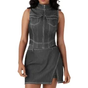Stand Collar Zip Front Washed Denim Tank Top