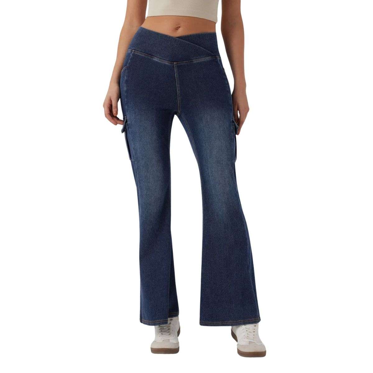 Mid Rise Cross Waistband Bootcut Jeans