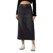 High Waist Contrast Panel Back Slit Denim Midi Skirt