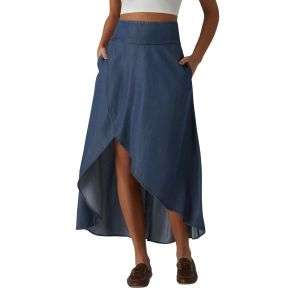 High Waist Asymmetric Hem Denim Midi Skirt