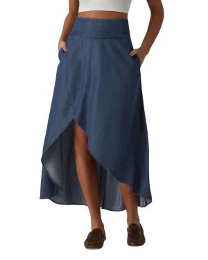 High Waist Asymmetric Hem Denim Midi Skirt
