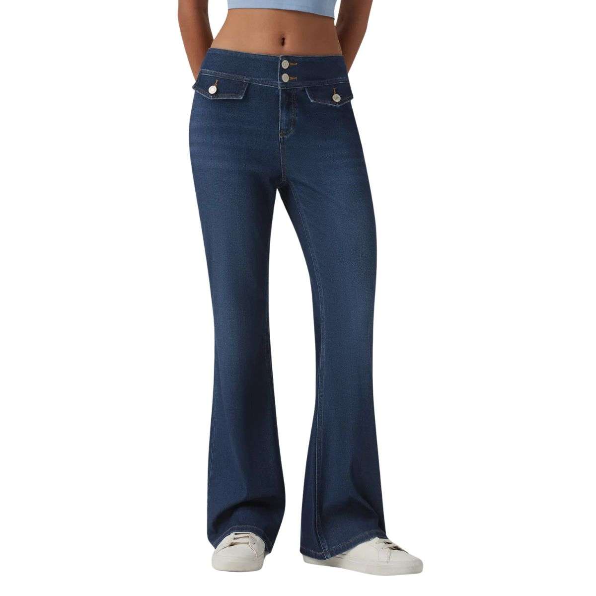 Low Rise Double Button Flare Jeans
