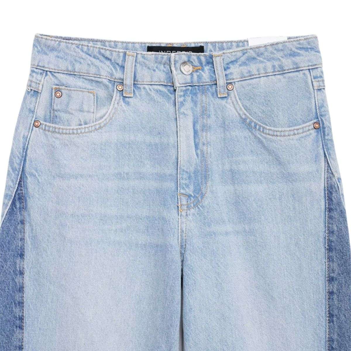 High Waist Contrast Panel Frayed Wide Leg Jeans