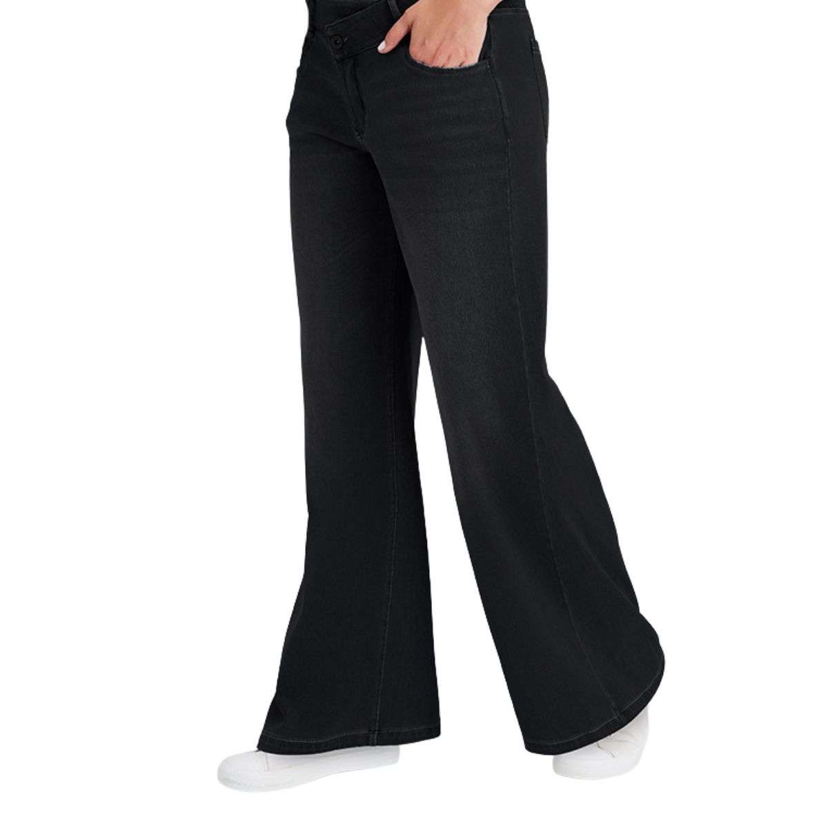Women High Waist Wide Leg Whisker Spray Wash High Stretch Denim Pants