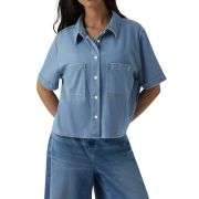 Draped Denim Short Sleeve Shirt with Pockets