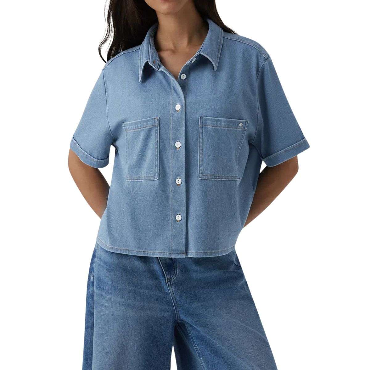 Draped Denim Short Sleeve Shirt with Pockets