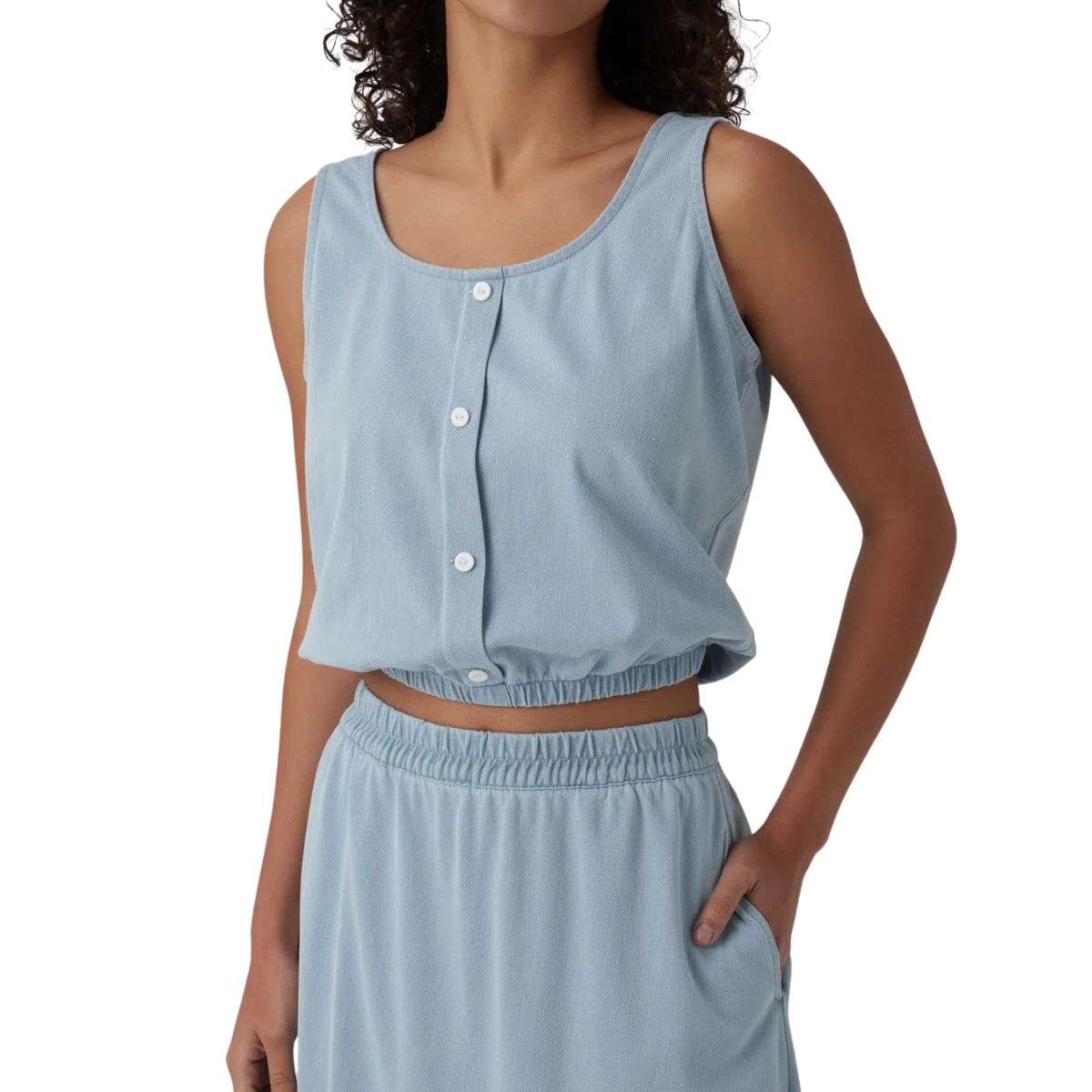 U-Neck Cropped Denim Tank Top with Decorative Buttons