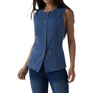 Round Neck Fitted Button Front Denim Tank Top