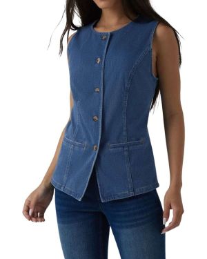 Round Neck Fitted Button Front Denim Tank Top