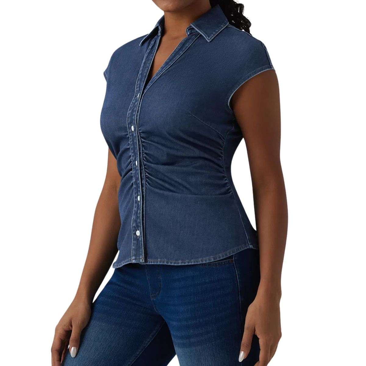 V-Neck Sleeveless Ruched Waist Denim Shirt