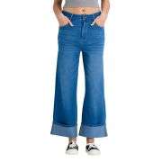 Mid Rise Rolled Hem Slimming Knit Denim Straight Leg Jeans