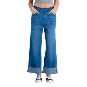 Mid Rise Rolled Hem Slimming Knit Denim Straight Leg Jeans