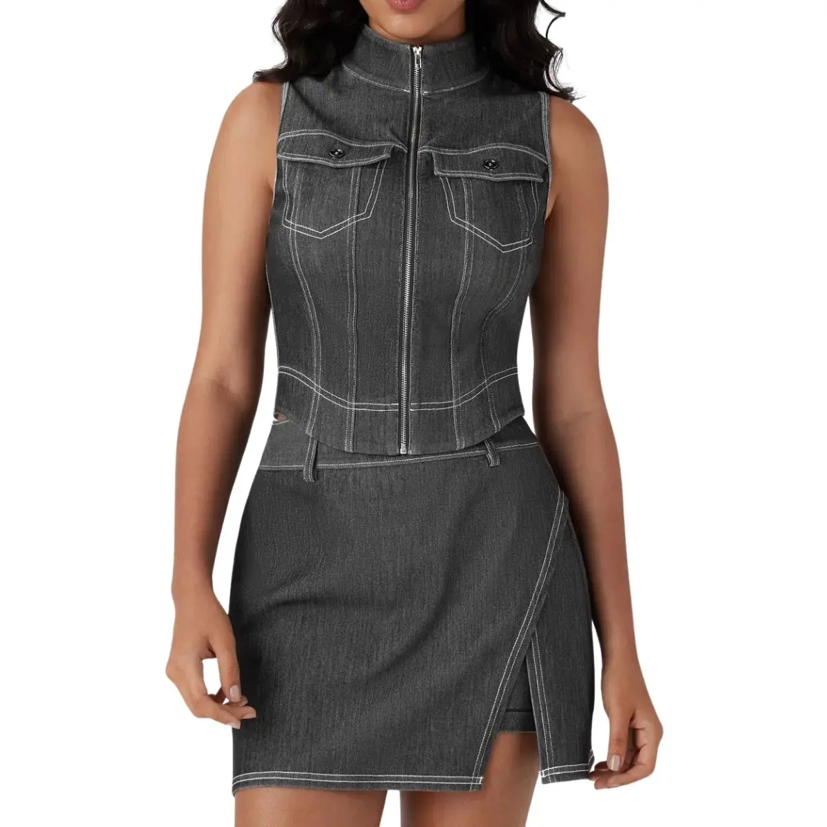 Stand Collar Zip Front Washed Denim Tank Top
