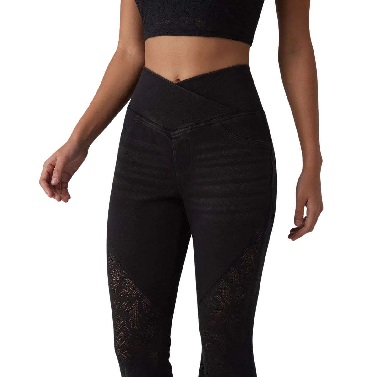 High Waisted Crossover Contrast Lace Flare Jeans