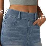 High Waisted Stretch Denim Midi Skirt