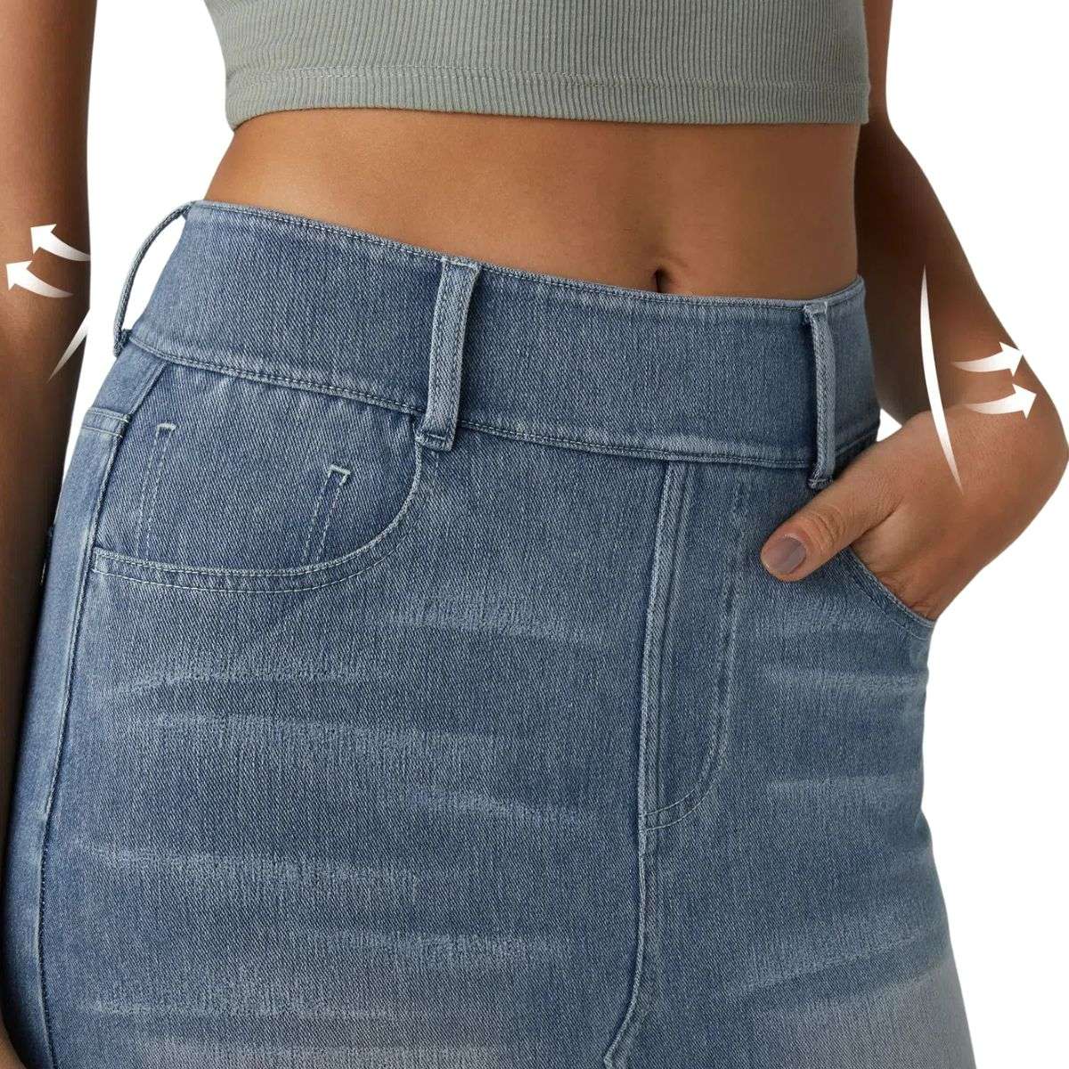 High Waisted Stretch Denim Midi Skirt