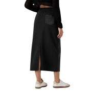 High Waist Contrast Panel Back Slit Denim Midi Skirt