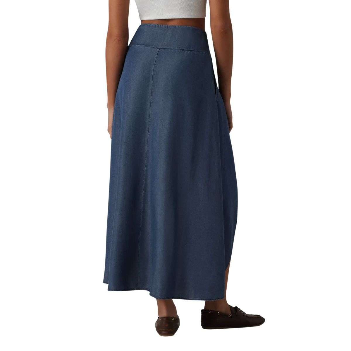 High Waist Asymmetric Hem Denim Midi Skirt