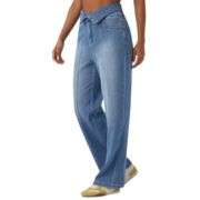 Foldover Waist Relaxed Straight Leg Jeans with Pockets