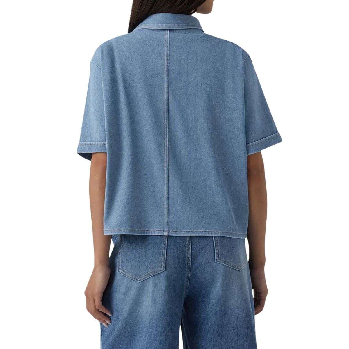 Draped Denim Short Sleeve Shirt with Pockets
