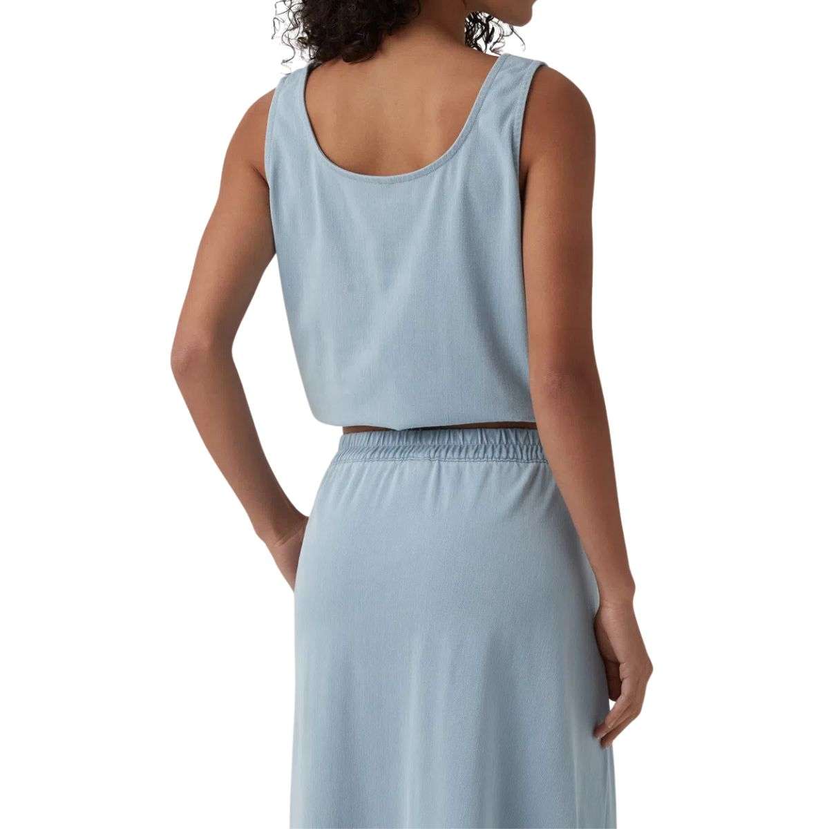 U-Neck Cropped Denim Tank Top with Decorative Buttons