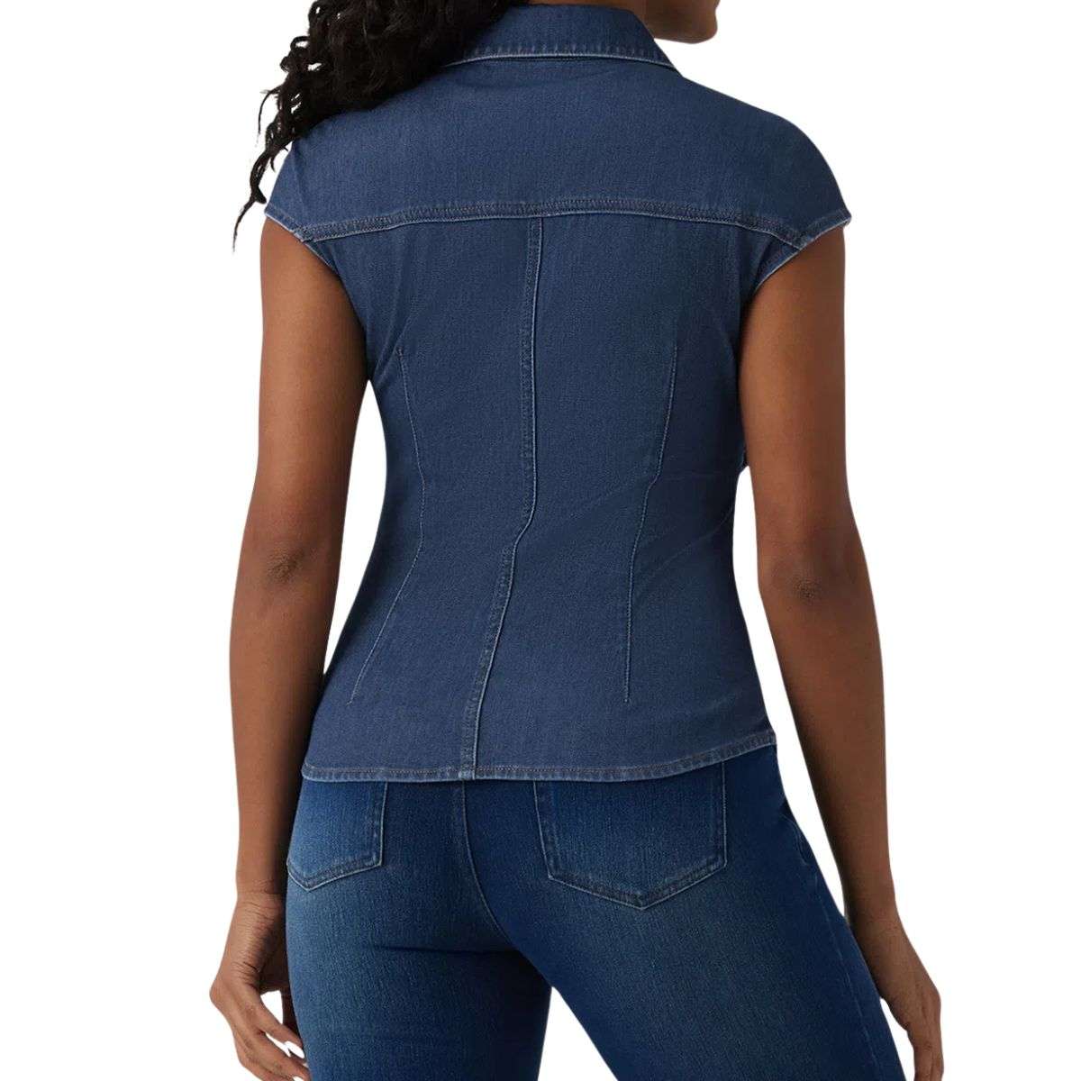 V-Neck Sleeveless Ruched Waist Denim Shirt