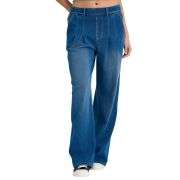 High Waist Vintage Knit Denim Wide Leg Casual Jeans with Pockets