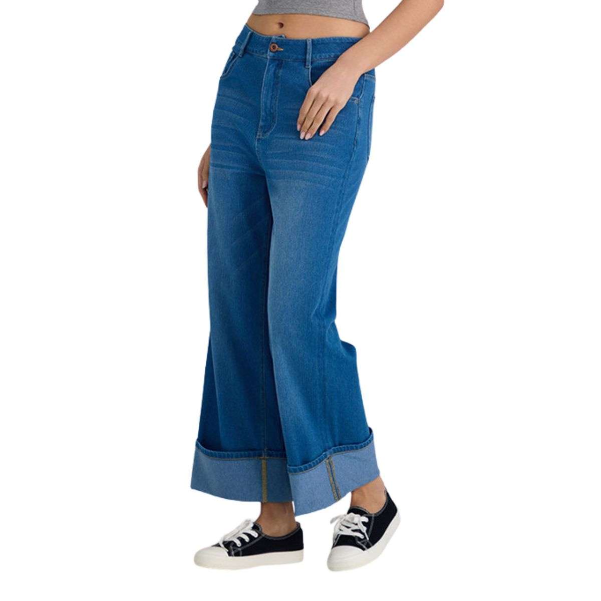 Mid Rise Rolled Hem Slimming Knit Denim Straight Leg Jeans