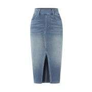 High Waisted Stretch Denim Midi Skirt