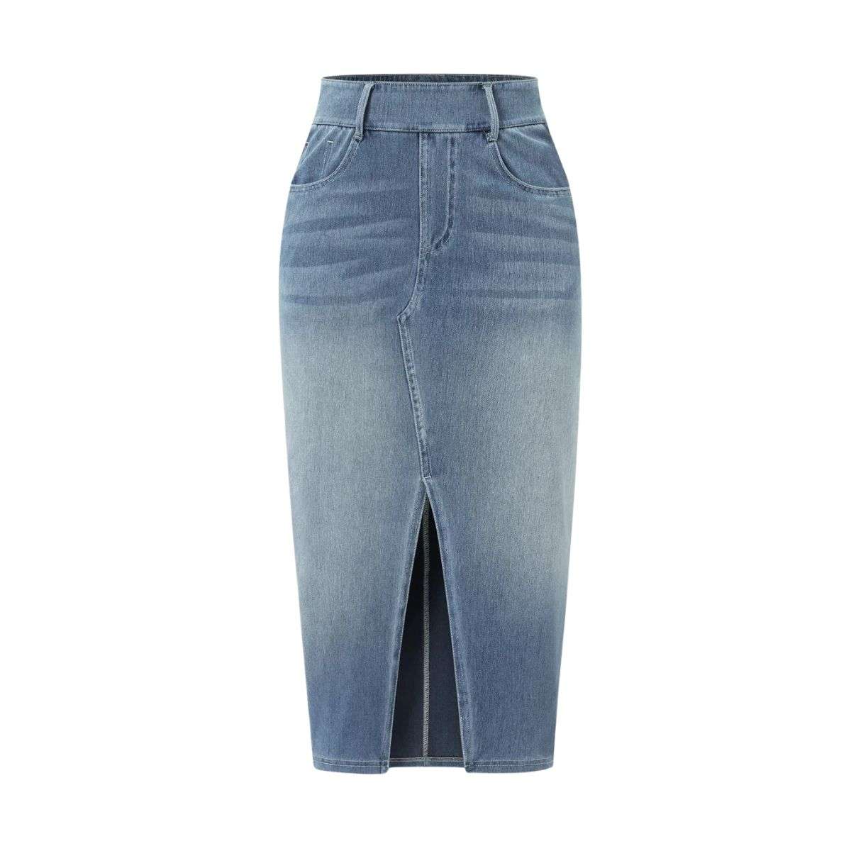 High Waisted Stretch Denim Midi Skirt