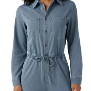 Long Sleeve Drawstring Wide Leg Denim Jumpsuit