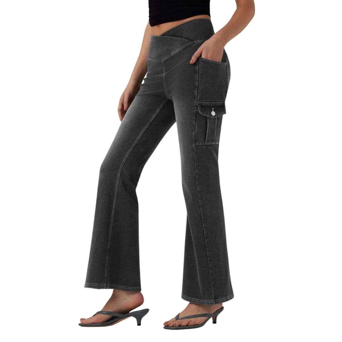 Mid Rise Cross Waistband Bootcut Jeans