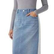 High Waist Contrast Panel Back Slit Denim Midi Skirt