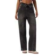 Foldover Waist Relaxed Straight Leg Jeans with Pockets