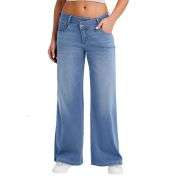 Women High Waist Wide Leg Whisker Spray Wash High Stretch Denim Pants