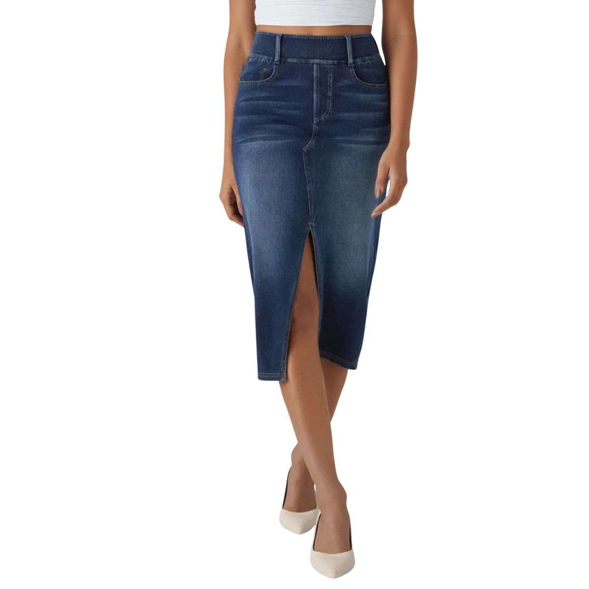 High Waisted Stretch Denim Midi Skirt