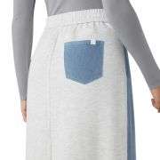 High Waist Contrast Panel Back Slit Denim Midi Skirt