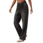 Foldover Waist Relaxed Straight Leg Jeans with Pockets