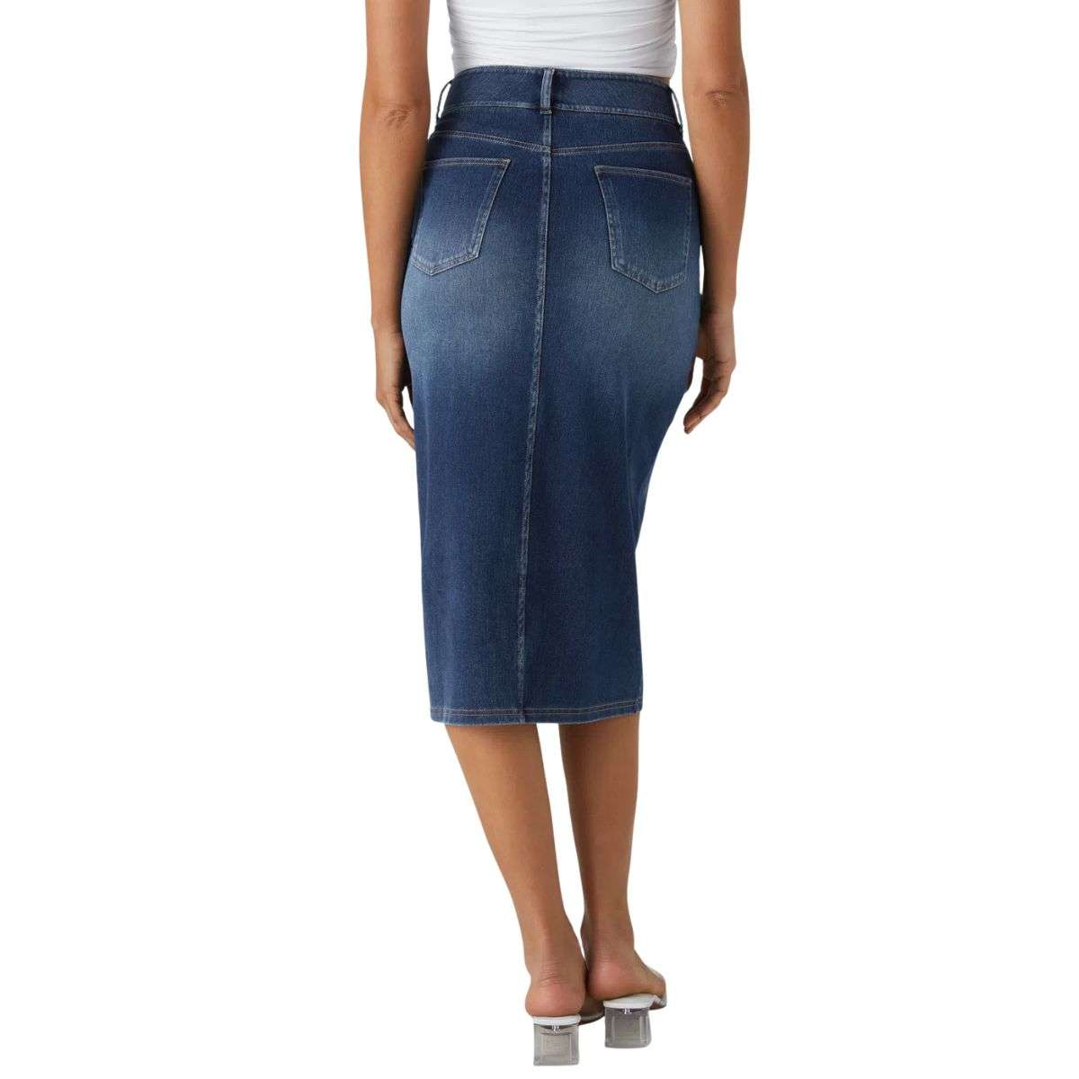 High Waisted Stretch Denim Midi Skirt
