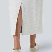 High Waist Contrast Panel Back Slit Denim Midi Skirt