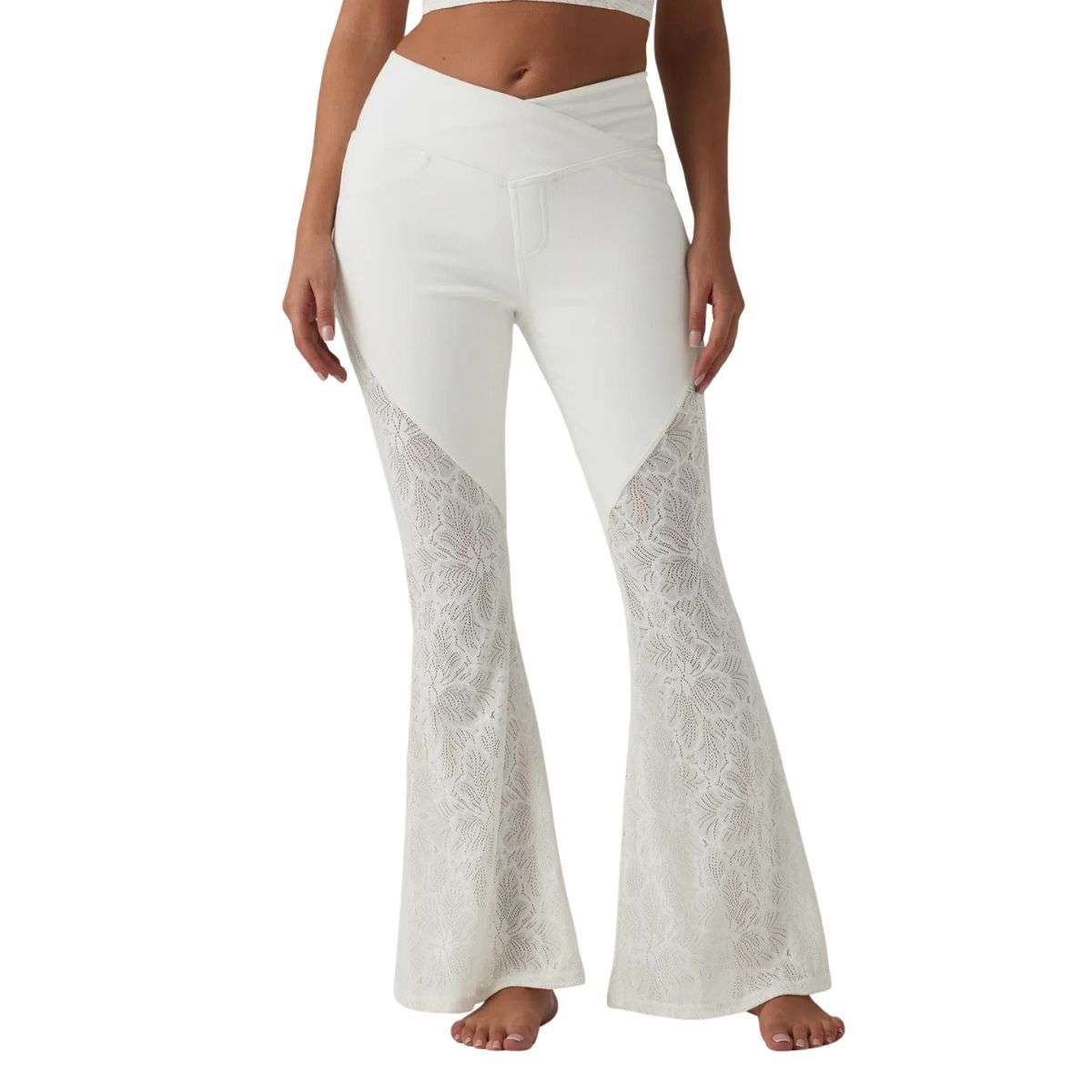 High Waisted Crossover Contrast Lace Flare Jeans